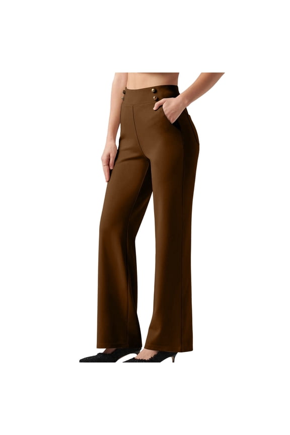 Pants for Women Regular Flat Front Womens Pants Stretchable Comfort Waist Sailor Wide Leg Pants Elegant Button Detail Work Trousers with Pockets Business Casual Office Pants