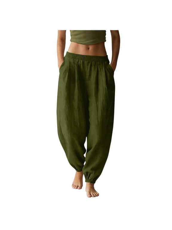 Pants for Women Elastic Waist Jogger Harem Pants with Side Pockets Lightweight Linen Pants Women Casual Vacation Trousers
