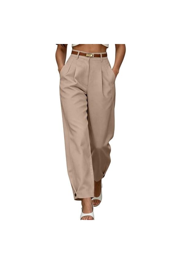 Pants for Women High-Waisted Pleated Button Fly Trousers Business Work Womens Pants Casual Officewear with Button Cuffs