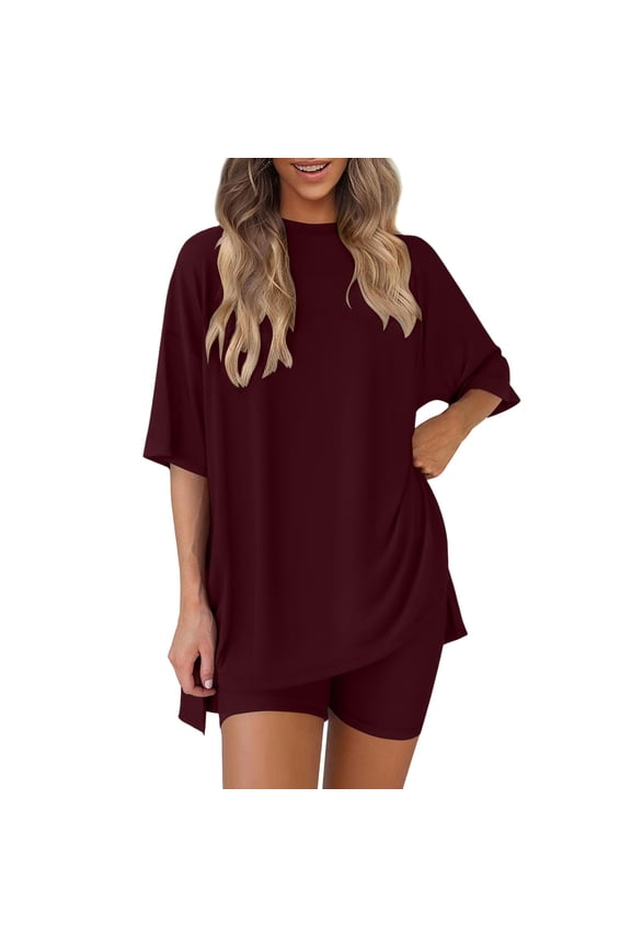 Plus Size 2 Piece Sets For Women Oversized Short Set Drop Shoulder Side Split Top Slim Fit Shorts Loungewear Set Casual Wear