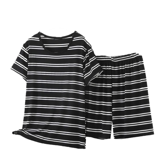 Bosfbaoi Plus Size 2 Piece Sets For Women Striped Short Sleeve V-Neck Top Elastic Waist Shorts Loungewear Sets Pajama Set