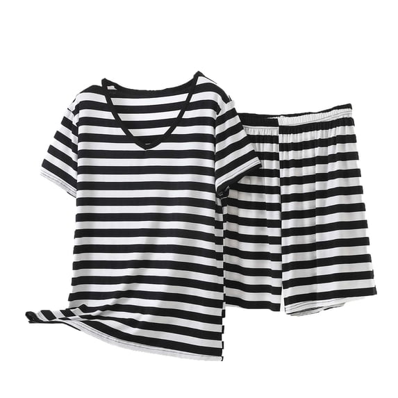 Bosfbaoi Plus Size 2 Piece Sets For Women Striped Short Sleeve V-Neck Top Elastic Waist Shorts Loungewear Sets Pajama Set
