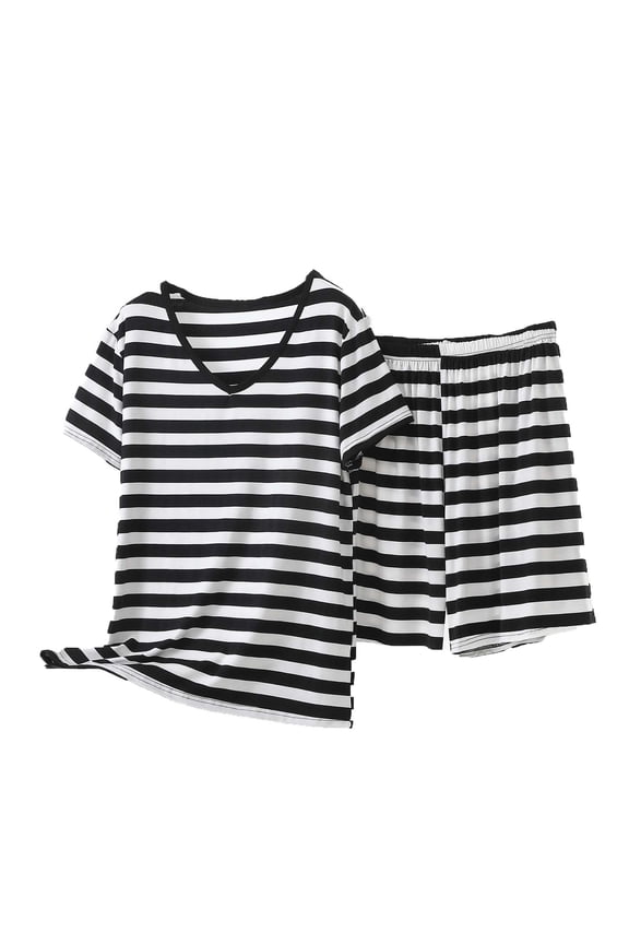 Plus Size 2 Piece Sets For Women Striped Short Sleeve V-Neck Top Elastic Waist Shorts Loungewear Sets Pajama Set