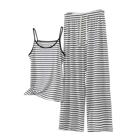 Bosfbaoi Plus Size 2 Piece Sets For Women Striped Spaghetti Strap Short Set Camisole Elastic Waist Trousers Loungewear Sets Pajama Set