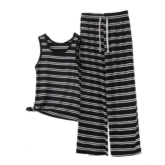 Bosfbaoi Plus Size 2 Piece Sets For Women Striped Tank Top Elastic Waist Trousers Loungewear Sets Pajama Set