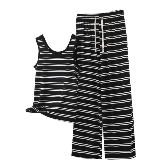 Bosfbaoi Plus Size 2 Piece Sets For Women Striped Tank Top Elastic Waist Trousers Loungewear Sets Pajama Set