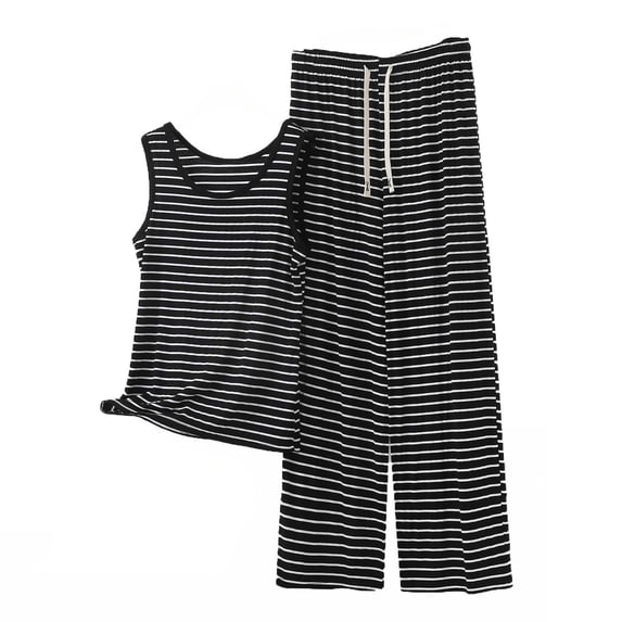 Bosfbaoi Plus Size 2 Piece Sets For Women Striped Tank Top Elastic Waist Trousers Loungewear Sets Pajama Set