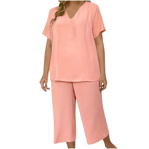 Bosfbaoi Plus Size 2 Piece Sets For Women V-Neck Short Sleeve Top Wide Leg Capri Set Loungewear Sets Pajama Set