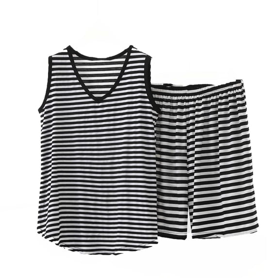 Bosfbaoi Plus Size 2 Piece Sets For Women Wide Striped Sleeveless Short Set V-Neck Top Elastic Waist Shorts Loungewear Sets Pajama Set