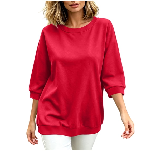 Bosfbaoi Plus Size 3/4 Length Sleeve Womens Tops Solid Color Round Neck Loose Casual T Shirts