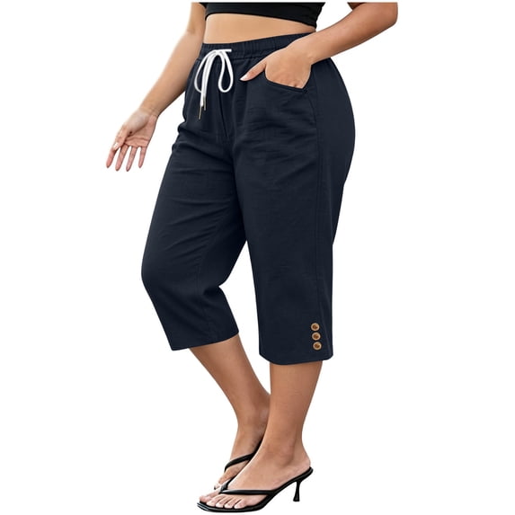 Bosfbaoi Plus Size Capri Pants for Women Drawstring Elastic Waist Side Pockets Button Detail Cuff Loose Casual Cropped Trousers