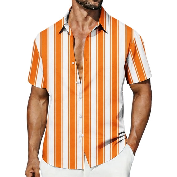 Bosfbaoi Plus Size Men's Shirts Vertical Stripe Print Short Sleeve Shirt Lightweight Breathable Shirts For Men Casual Beach Vacation Button Down Shirt