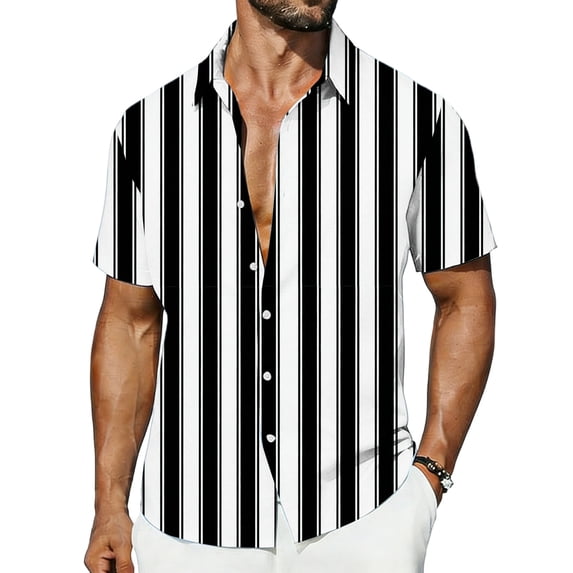 Bosfbaoi Plus Size Men's Shirts Vertical Stripe Print Short Sleeve Shirt Lightweight Breathable Shirts For Men Casual Beach Vacation Button Down Shirt