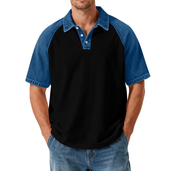 Bosfbaoi Plus Size Mens Shirts For Men Denim Color Block Raglan Sleeve ...