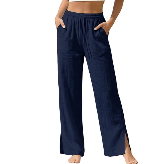 Bosfbaoi Plus Size Pants for Women Linen Blend Baggy Womens Pants Drawstring Elastic Waist Straight Leg Pants with Side Slits Casual Jogger Trousers