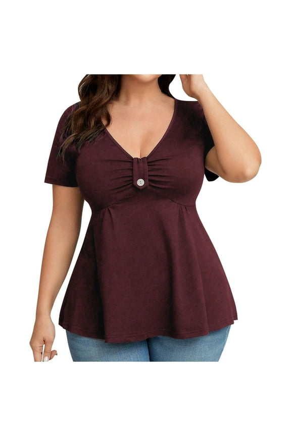 Plus Size Shirts for Women, V Neck Short Sleeve Blouses Front Buckle Casual Tops
