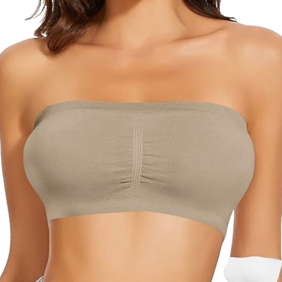 Bosfbaoi Plus Size Strapless Bra for Women Seamless Front Ruched Anti-Slip Ribbed Bandeau Removable Pads Wirefree Strapless Tube Top Bra