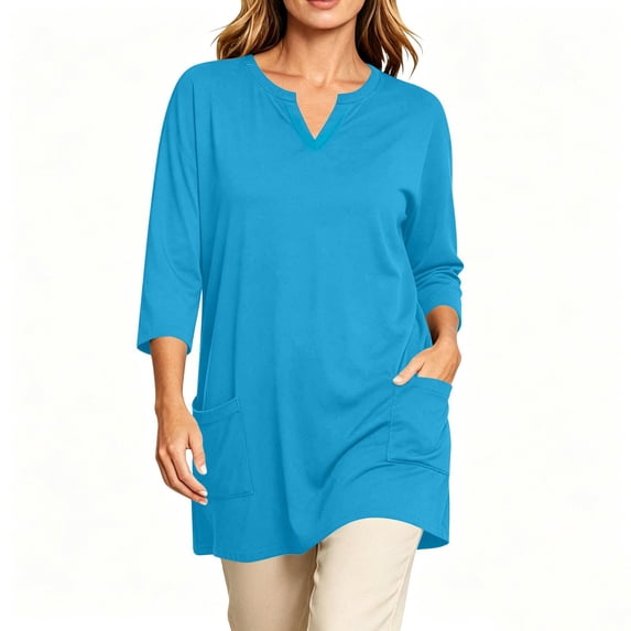 Bosfbaoi Plus Size Tunic Tops for Women Notched V Neck 3/4 Sleeve Loose Casual Blouse with Side Pockets