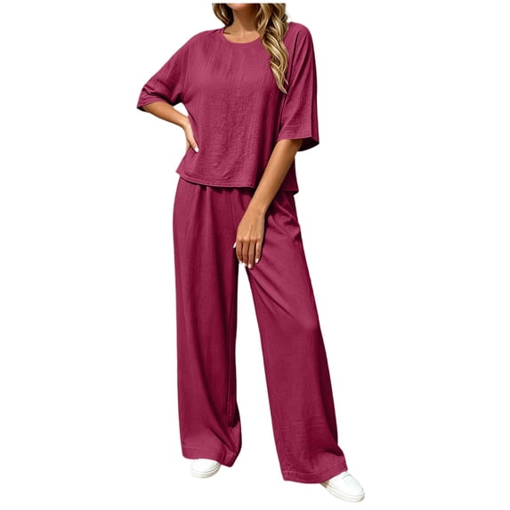 Bosfbaoi Plus Size Two Piece Sets for Women Crew Neck Elbow Sleeve Linen Look Top and Elastic Waist Wide Leg Pants Casual Womens Summer Outfits
