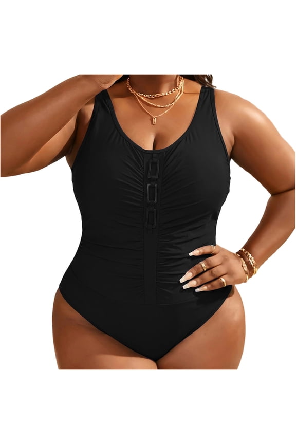 Plus Size Women's One Piece Swimsuit Front Buckle Detail Ruched Tummy Control Bathing Suit