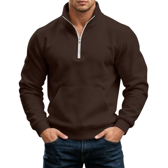 Bosfbaoi Quarter Zip Sweatshirts for Men Stand Collar Half Zip Pullover with Kangaroo Pocket Long Sleeve Solid Casual Fleece Tops
