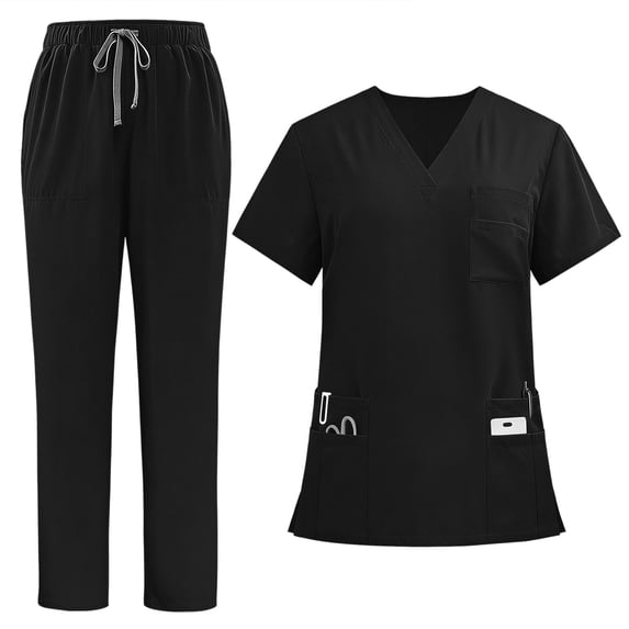 Bosfbaoi Scrubs for Women V Neck Multi-Pocket Scrub Top and Elastic Waist Drawstring Pants Medical Uniform Two Piece Sets for Women