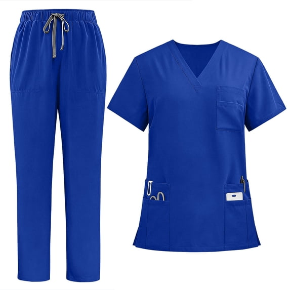 Bosfbaoi Scrubs for Women V Neck Multi-Pocket Scrub Top and Elastic Waist Drawstring Pants Medical Uniform Two Piece Sets for Women