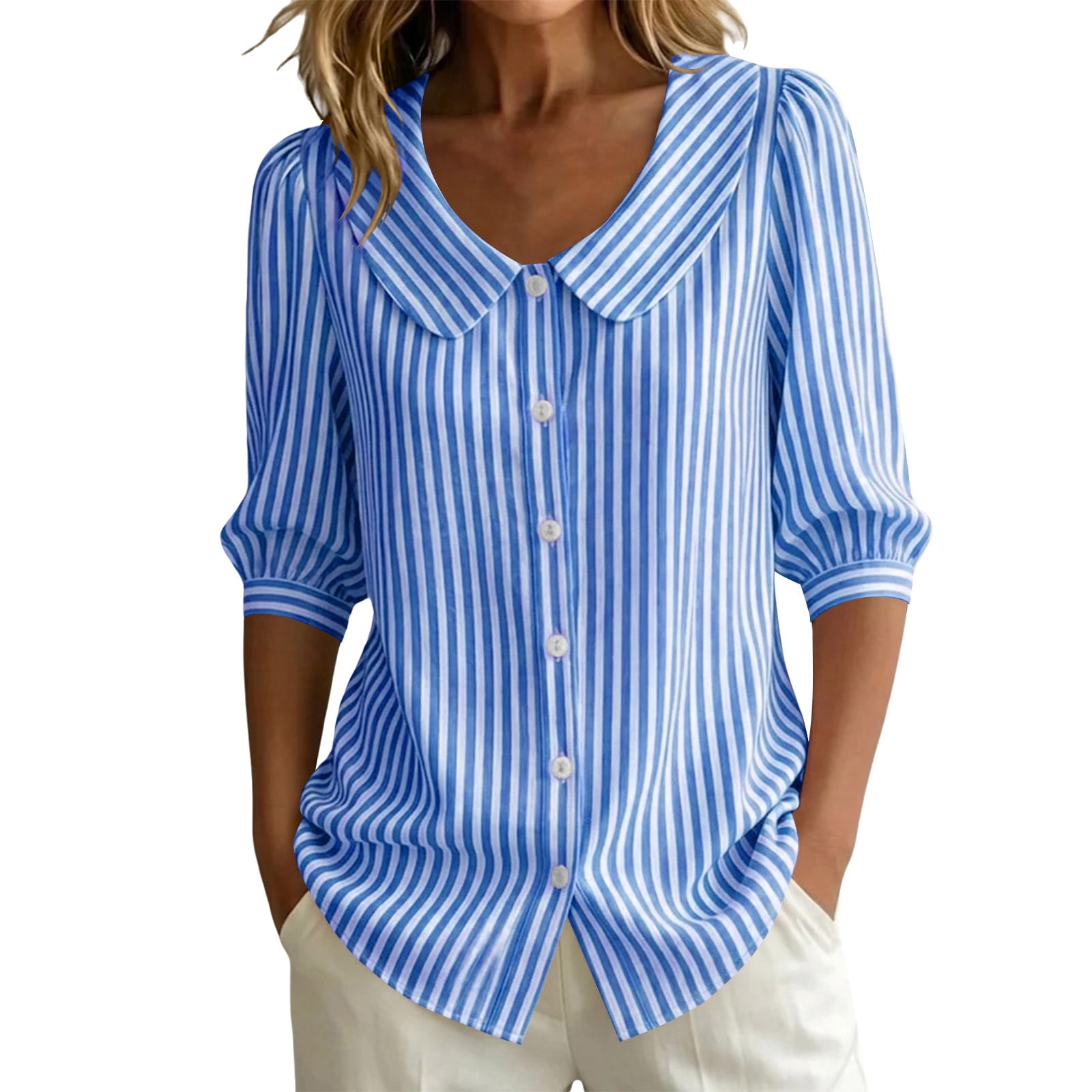 Bosfbaoi Shirts for Women Striped Peter Pan Collar Button-Down Blouse ...