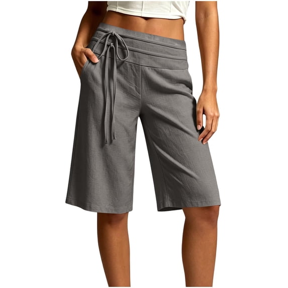 Bosfbaoi Shorts for Women Drawstring Expandable Waist Linen Bermuda Shorts Casual Knee Length Straight Leg Walking Shorts with Side Pockets