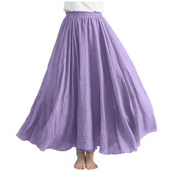 Bosfbaoi Skirts For Women Flowy Linen-Blend Maxi Skirt Elastic High Waist Full Circle Casual Summer Skirt