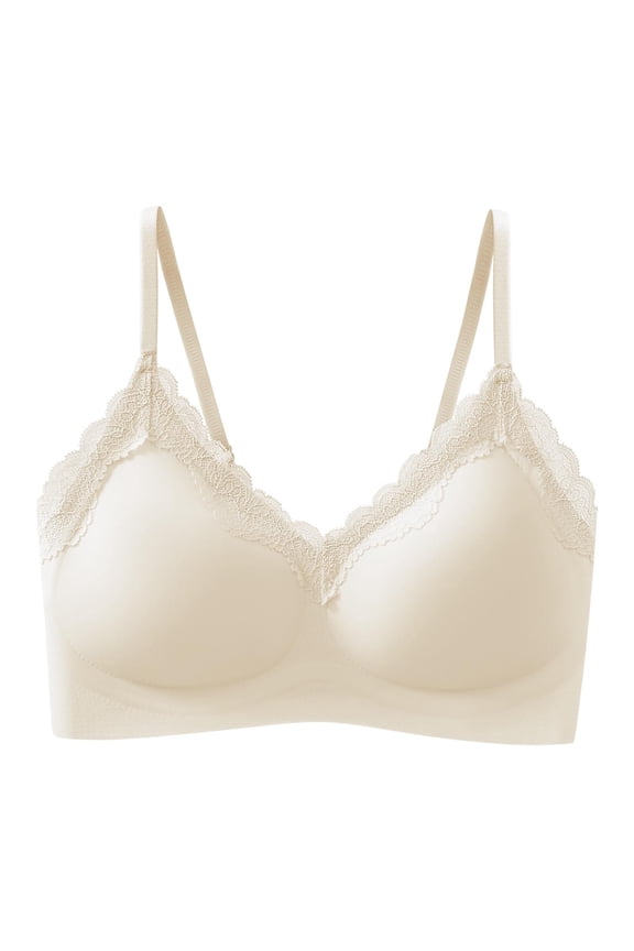 Solid Color Lace Trim Wireless Bralette, V-Neck Thin Strap Full Support Comfort Bra, Breathable Seamless Daily Lingerie for Curvy Figures