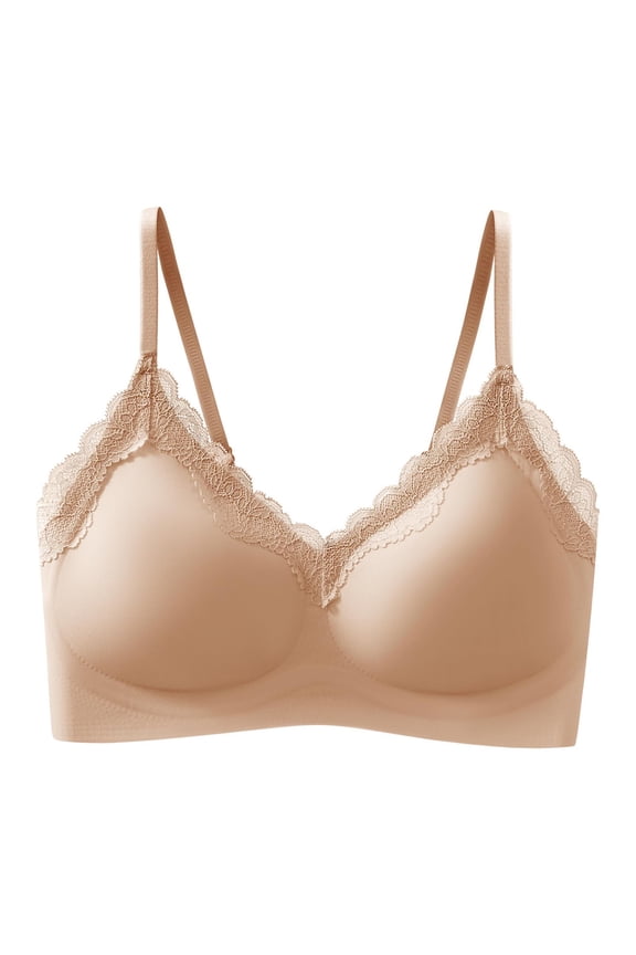 Solid Color Lace Trim Wireless Bralette, V-Neck Thin Strap Full Support Comfort Bra, Breathable Seamless Daily Lingerie for Curvy Figures