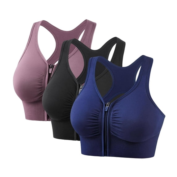 Bosfbaoi Sports Bras for Women 3PC Plus Size Sports Underwear Zip-Front High Impact Support Sports Bras Racerback Breathable Wirefree Bra