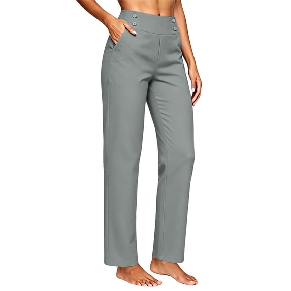 Bosfbaoi Straight Leg Golf Pants for Women High Waist Decorative Button Workout Casual Pants with Side Pockets