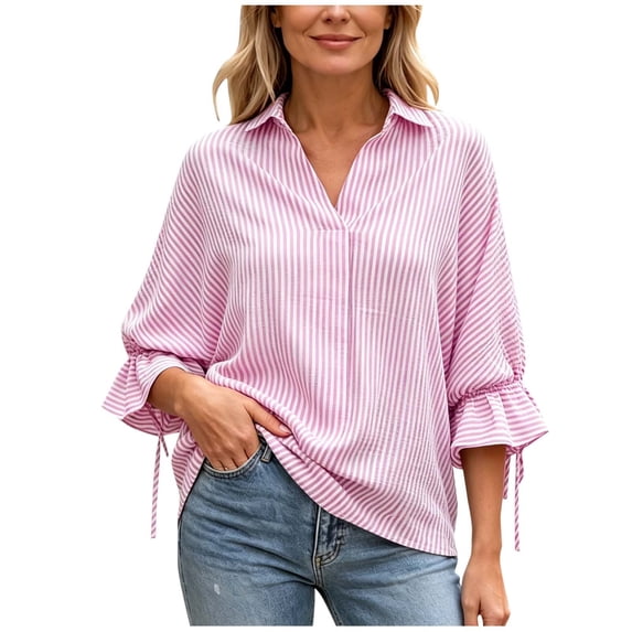 Bosfbaoi Striped Blouses for Women Collared V Neck 3/4 Tie Sleeve Back Split Casual Shirts