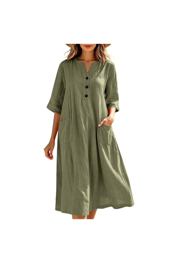 Summer Dresses for Women 2026 Notch V Neck Half Button Three Quarter Sleeve Womens Dresses Loose Oversized Midi Linen Blend Dress with Dual Patch Pockets
