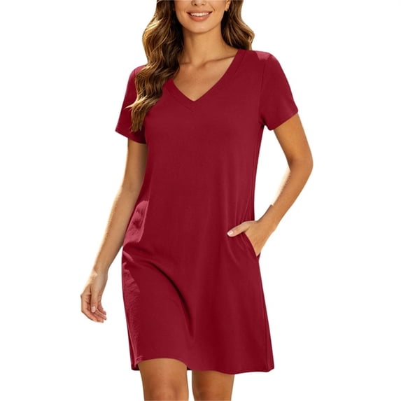 Bosfbaoi Summer Dresses for Women 2026 V Neck Short Sleeve Womens Dresses Loose Casual Mini T Shirt Dress with Side Pockets
