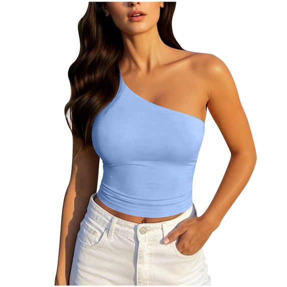 Bosfbaoi Summer Tops for Women One Shoulder Form-Fitting Crop Top Sleeveless Asymmetric Solid Tank Top