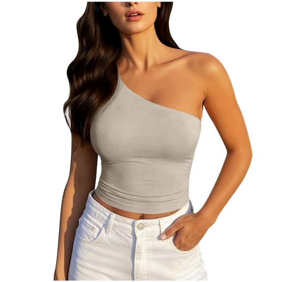 Bosfbaoi Summer Tops for Women One Shoulder Form-Fitting Crop Top Sleeveless Asymmetric Solid Tank Top