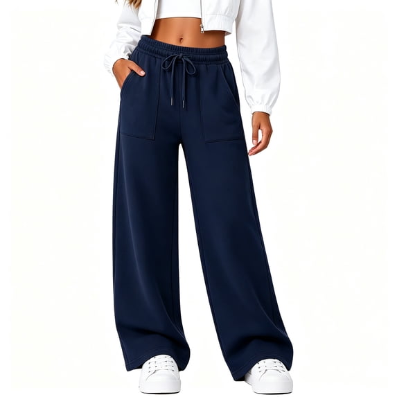 Bosfbaoi Sweatpants for Women Drawstring Elastic Waist Wide Leg Pants Patch Pocket Casual Loose Track Pants