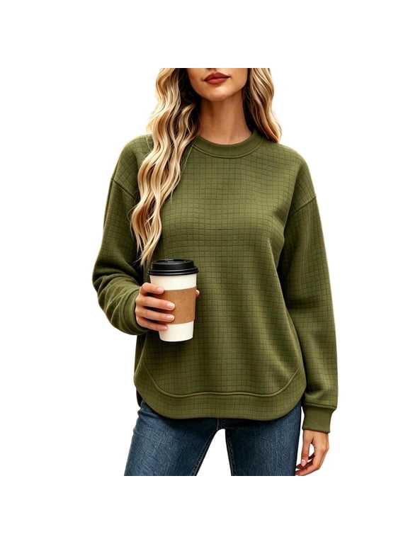 Sweatshirts for Women Waffle Grid Crew Neck Drop Shoulder Curved Hem Loose Pullover Tops