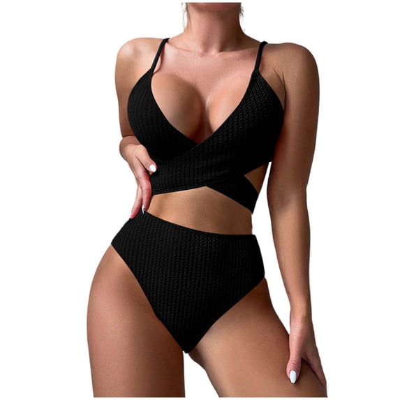 Bosfbaoi Swimsuit for Women 2-Piece High Waisted Bikini Set Ribbed Wrap Cross Tie Back Swimsuit Vacation Bikini Sets for Women