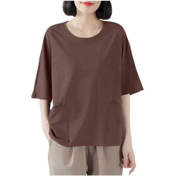 Bosfbaoi T Shirts For Women Loose Casual Tops Solid Color Round Neck Short-Sleeved Double Pocket Comfortable Daily Wear M-L-XXL-XXXL