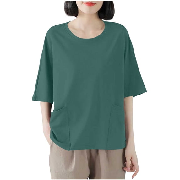 Bosfbaoi T Shirts For Women Loose Casual Tops Solid Color Round Neck Short-Sleeved Double Pocket Comfortable Daily Wear M-L-XXL-XXXL