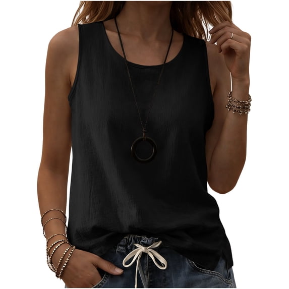Bosfbaoi Tank Tops for Women Linen Blend Crinkle Gauze Womens Tops Crew Neck Sleeveless Tank Tops With Side Split Solid Color Casual Summer Tops for Women
