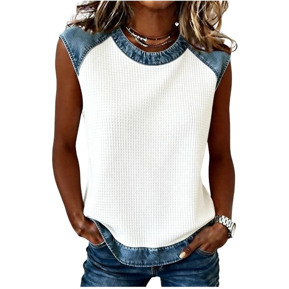 Bosfbaoi Tank Tops for Women Waffle Knit Sleeveless Tops, Denim Trim Crew Neck Casual Summer Shirts with Relaxed Fit for Weekend and Street Style