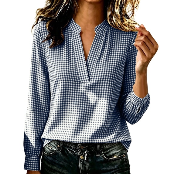 Bosfbaoi Tops for Women Gingham Plaid Notched Mandarin Collar Bubble Long Sleeve Womens Loose Casual Blouses