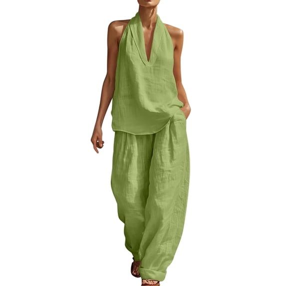 Bosfbaoi Two Piece Sets for Women Linen Blend Fashion Outfit Set Backless Halter Tie Tops Comfort Waist Wide Leg Pants Summer Outfits Matching Sets Women Clothing