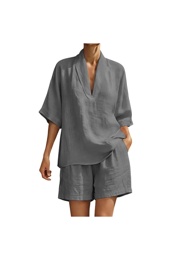 Two Piece Sets for Women Linen Blend Relaxed Fit Casual Outfit Set V-Neck Kimono Sleeve Tops Elastic Waist Shorts Summer Outfits Matching Sets Women Clothing