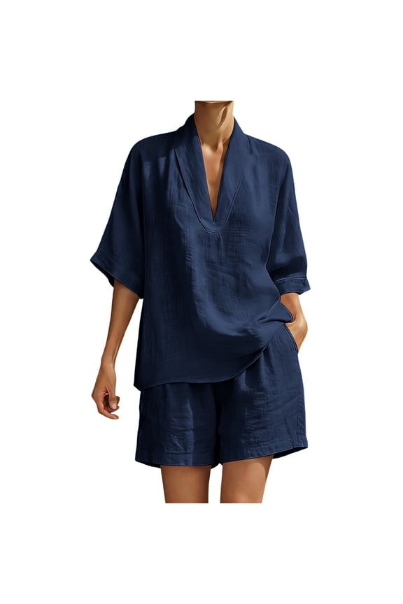 Two Piece Sets for Women Linen Blend Relaxed Fit Casual Outfit Set V-Neck Kimono Sleeve Tops Elastic Waist Shorts Summer Outfits Matching Sets Women Clothing